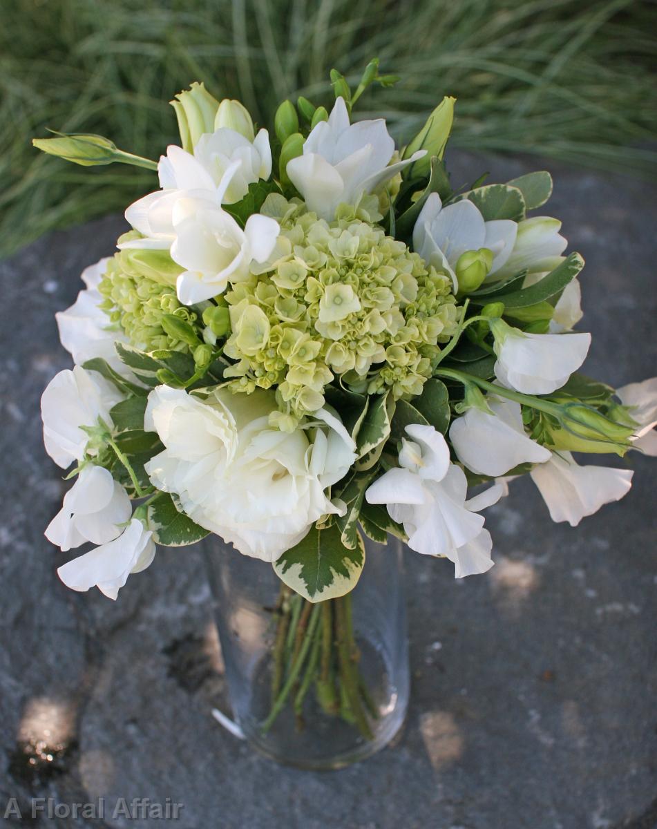 BB0603-Green Hydrangea, White Lisianthus, and Freesia Bouquet