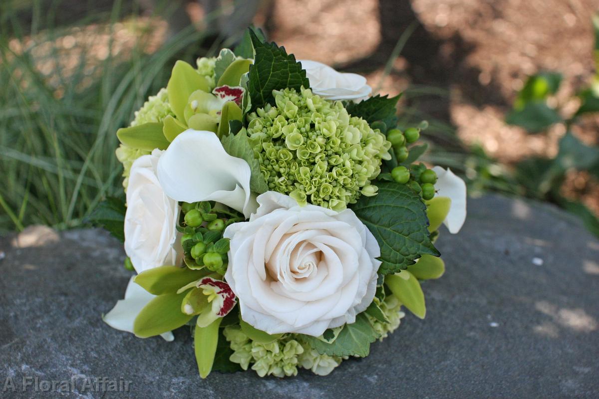 BB0625-Green Cymbidium, Hydrangea, and Ivory Rose Bouquet