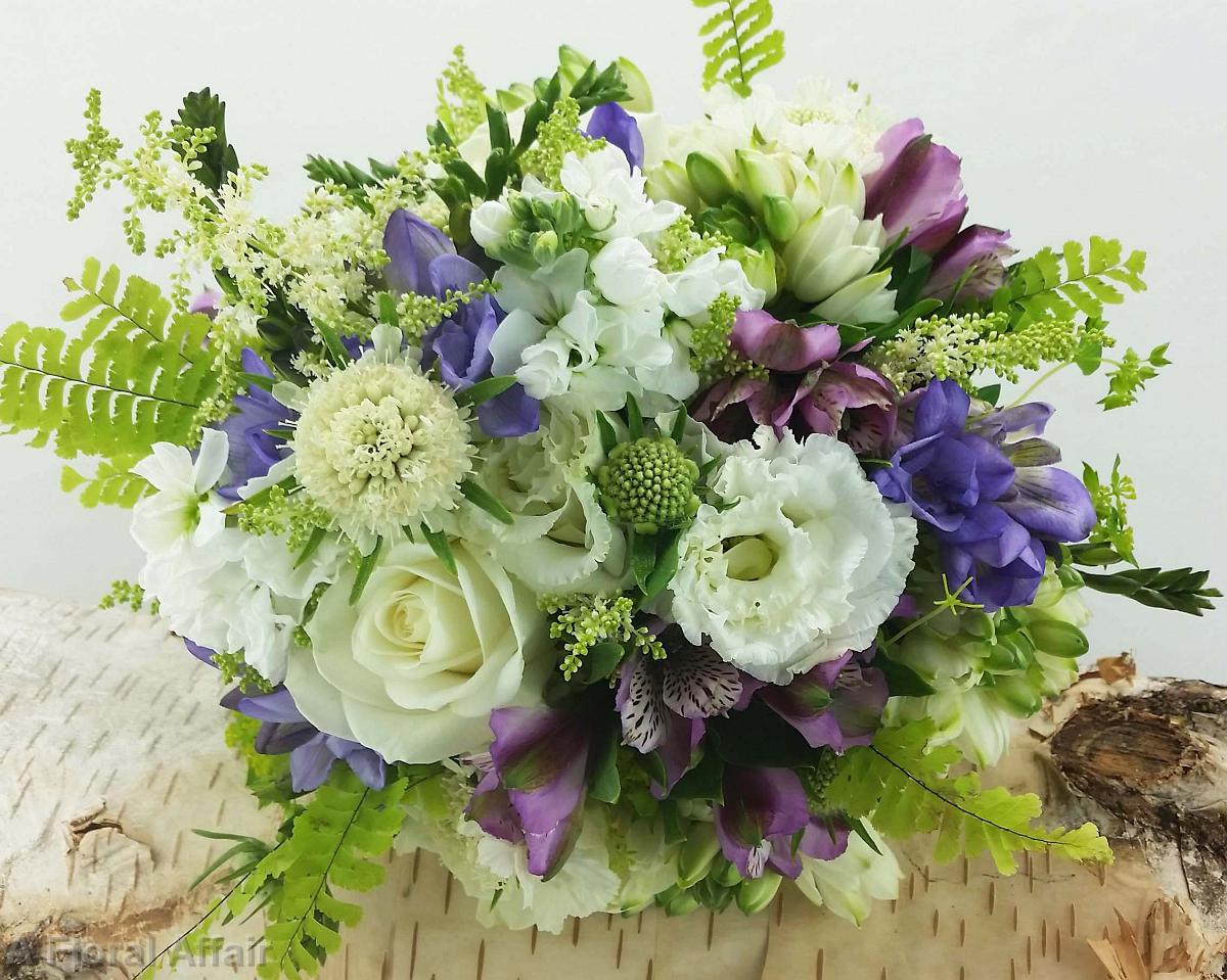 BB1213-Purple and White Wedding Bouquet with Fern