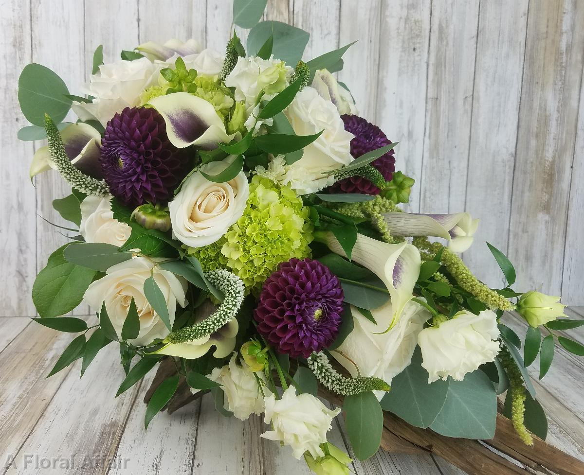BB1444-Eggplant Dahlia and White Rose Cascading Brides Bouquet