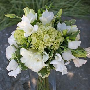 BB0603-Green Hydrangea, White Lisianthus, and Freesia Bouquet