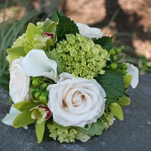 BB0625-Green Cymbidium, Hydrangea, and Ivory Rose Bouquet