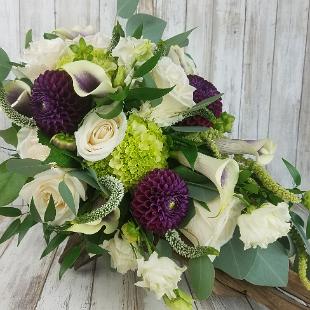 BB1444-Eggplant Dahlia and White Rose Cascading Brides Bouquet