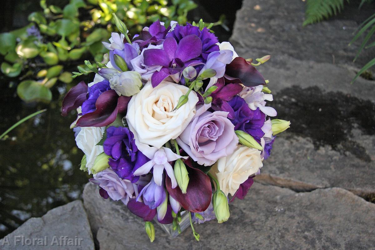 BB0334-Traditional Ivory and Eggplant Wedding Bouquet