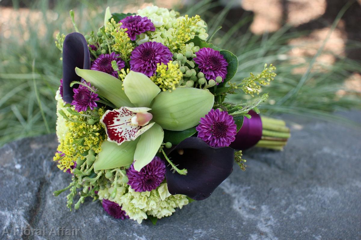 BB0622-Eggplant Mini Calla Lily and Green Cymbidium Orchid Bouquet