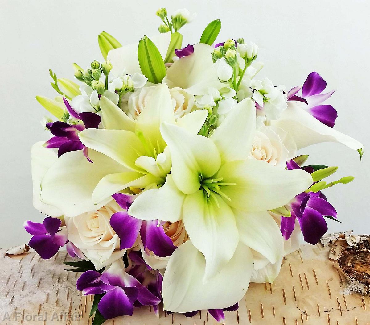 BB1193-Modern, Elegant White, Ivory and Purple Lily and Orchid Brides Bouquet