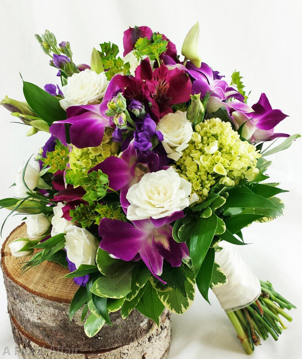 BB1278A-Purple,Green and White Romantic Hand Tied Garden Bouquet