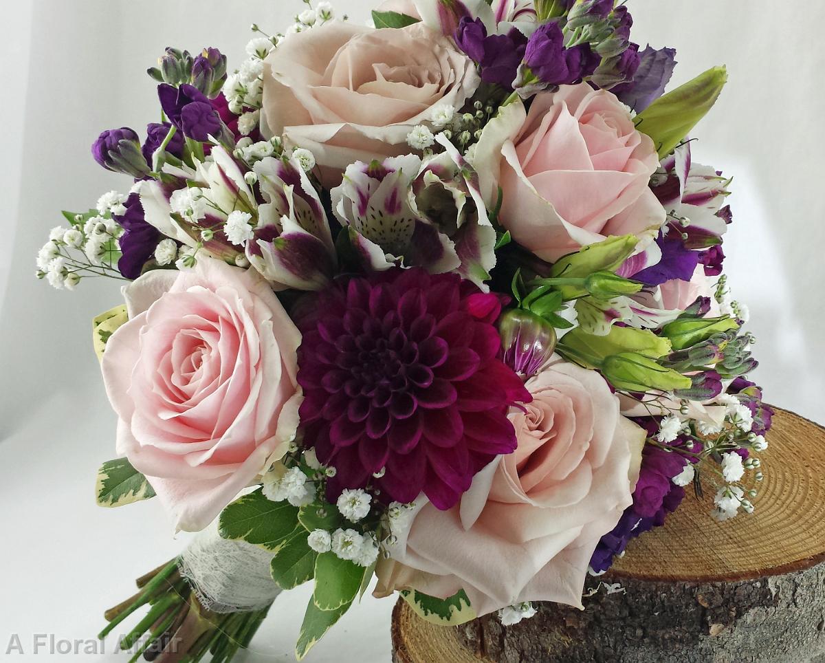 BB1295-Blush and Eggplant Rose, Dahliah, Stock and Alstromeria Brides Bouquet