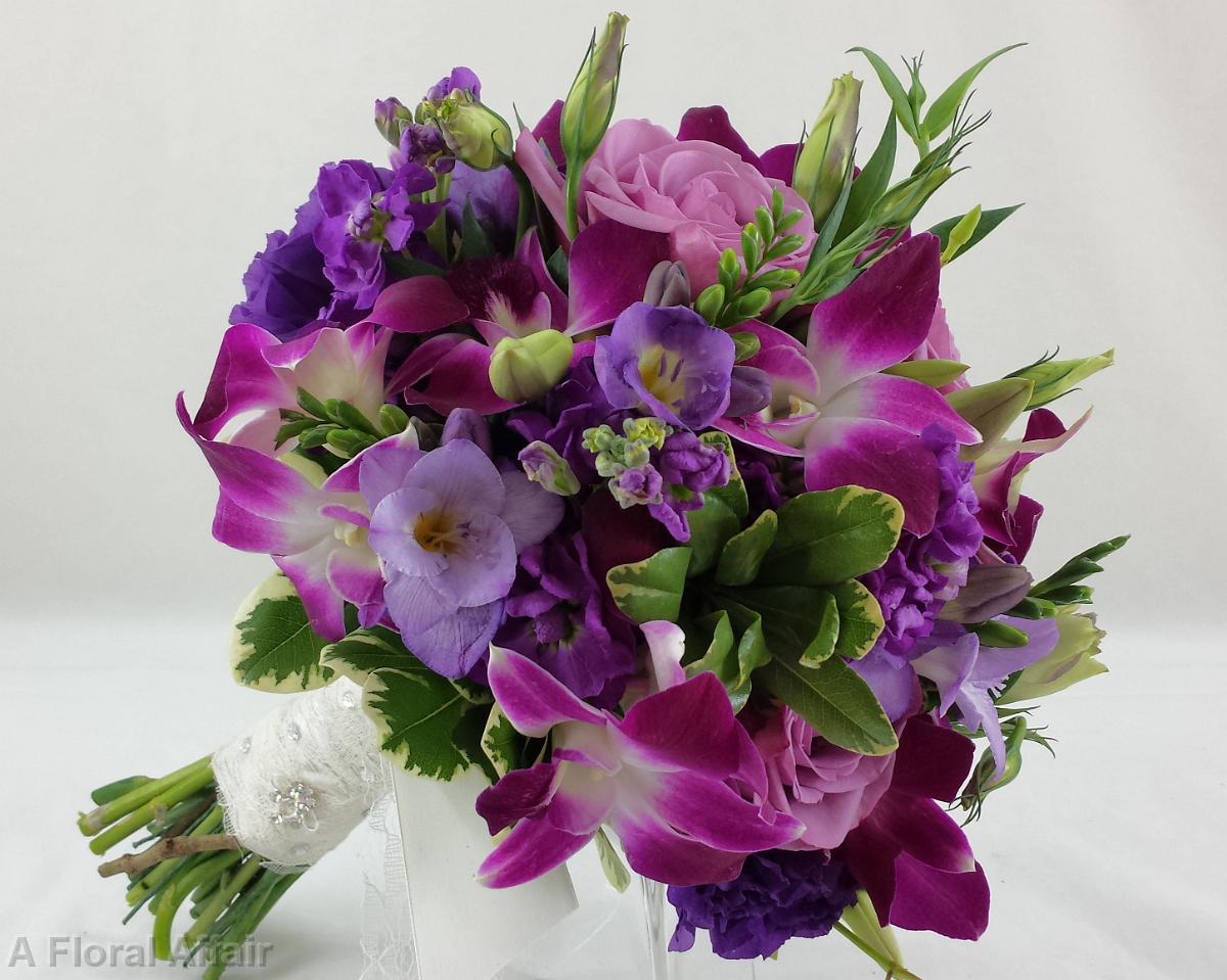 BB1296-Plum Orchid, Lisianthus, Freesia and Stock Brides Bouquet