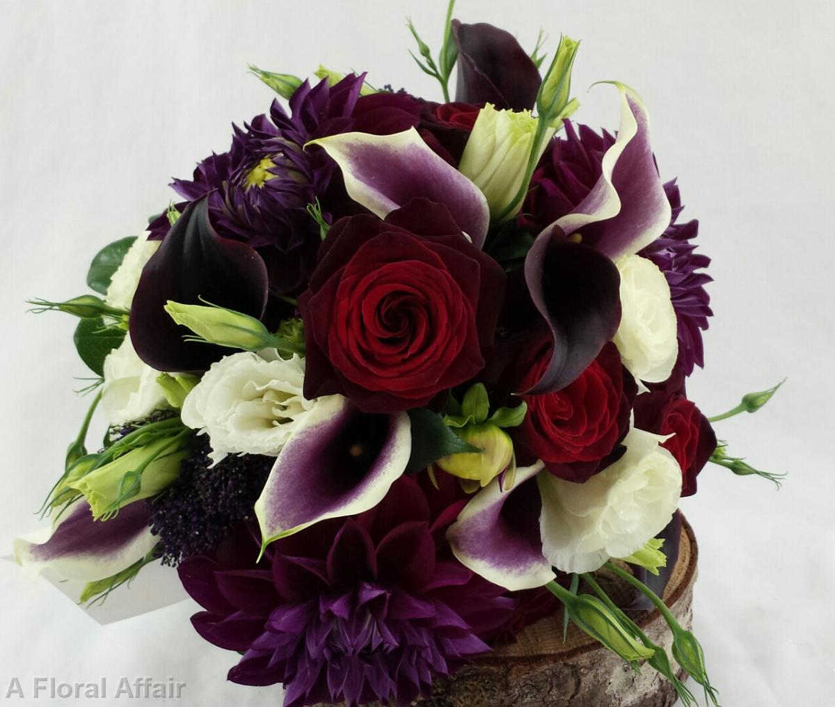 BB1299-Deep Eggplant Mini Calla and Red Rose Brides Bouquet