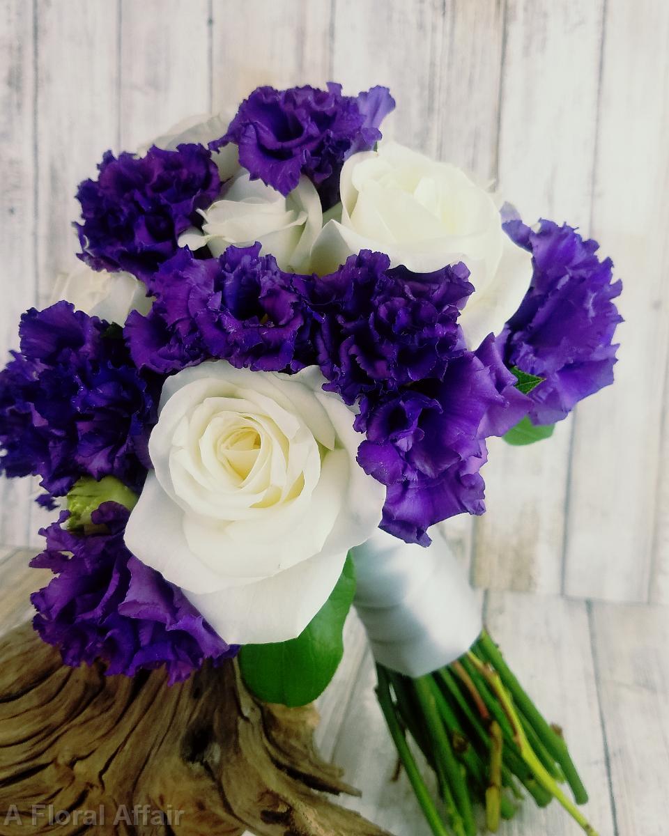 BB1431-Purple Lisianthus and White Rose Wedding Bouquet