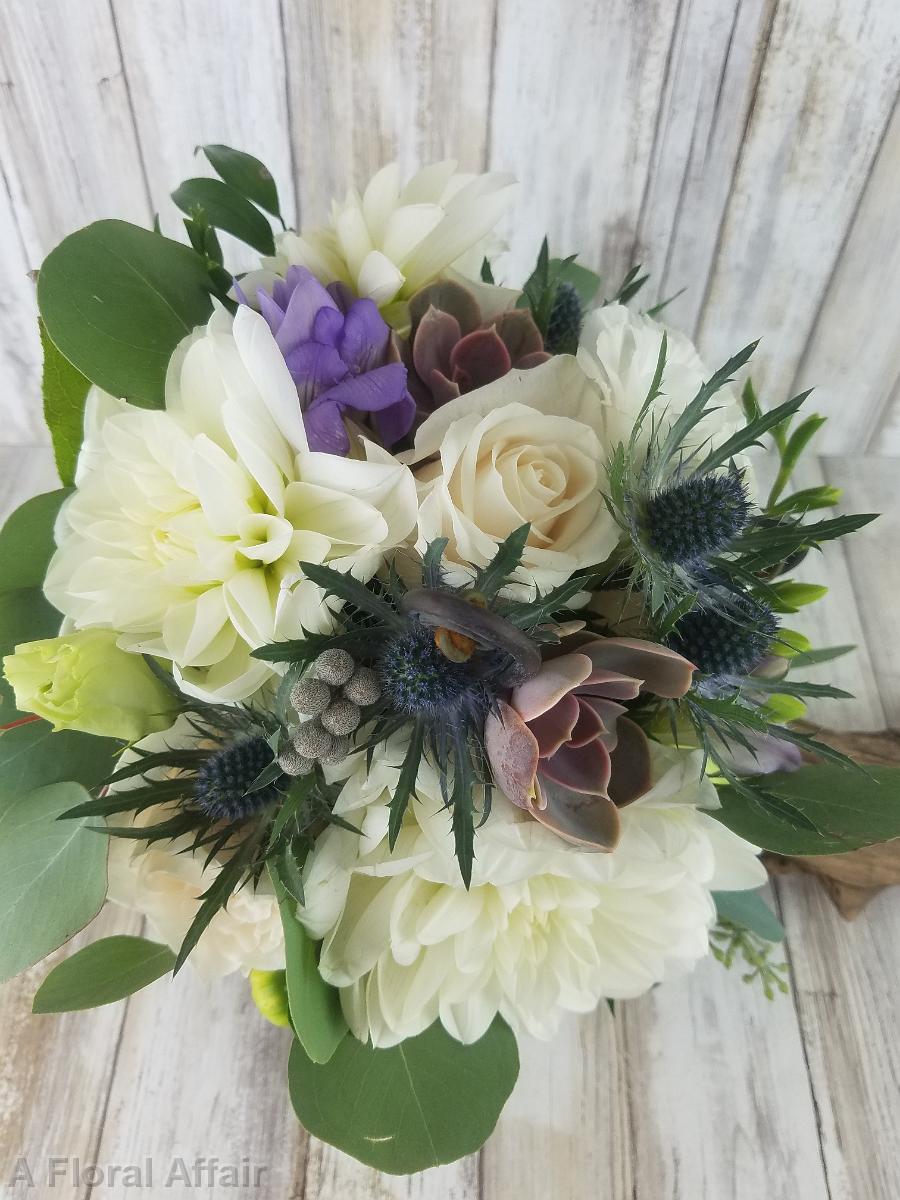 BB1488-White Dahlia , Thistle and Succulent Bridesmaids Bouquet