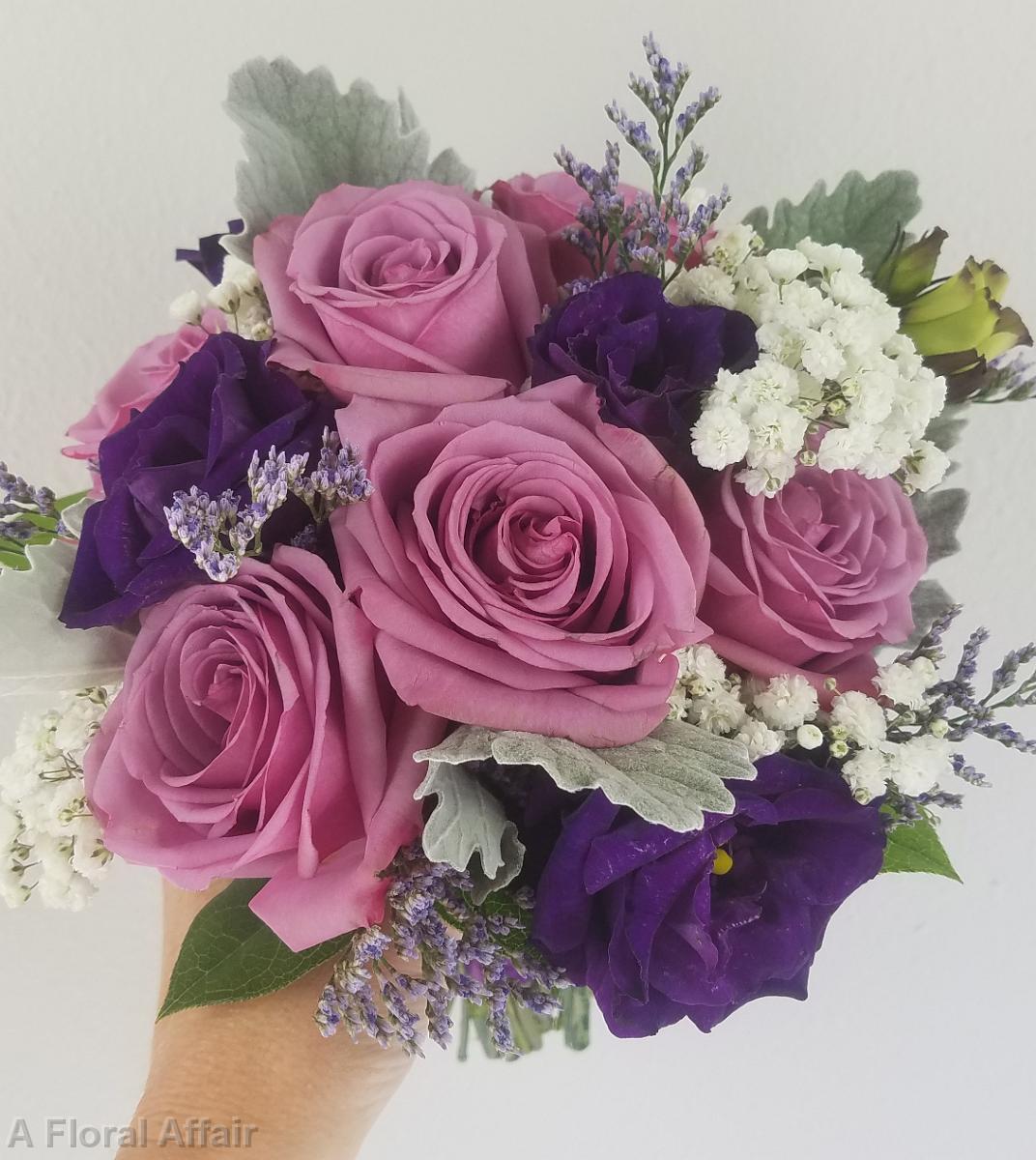 BB1515-Cool Water Rose, Purple Lisianthus, Dusty Miller and Babys Breath Bridesmaids Bouquet