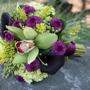 BB0622-Eggplant Mini Calla Lily and Green Cymbidium Orchid Bouquet