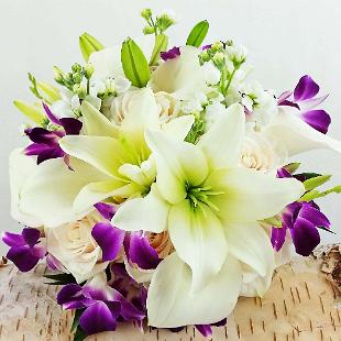 BB1193-Modern, Elegant White, Ivory and Purple Lily and Orchid Brides Bouquet