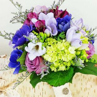 BB1207-Purple Anomie and Freesia Brides Bouquet with Lace and Button Wrap
