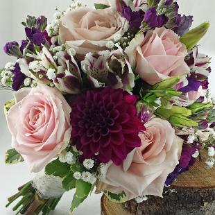 BB1295-Blush and Eggplant Rose, Dahliah, Stock and Alstromeria Brides Bouquet
