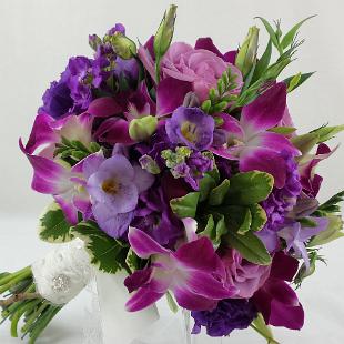 BB1296-Plum Orchid, Lisianthus, Freesia and Stock Brides Bouquet