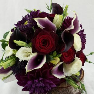 BB1299-Deep Eggplant Mini Calla and Red Rose Brides Bouquet