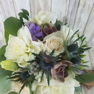 BB1488-White Dahlia , Thistle and Succulent Bridesmaids Bouquet