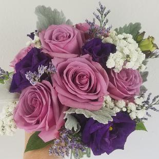 BB1515-Cool Water Rose, Purple Lisianthus, Dusty Miller and Babys Breath Bridesmaids Bouquet