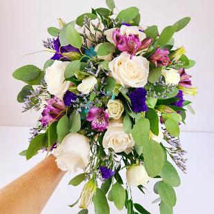 BB1577-Cascading Purple, White and Teal Brides Bouquet