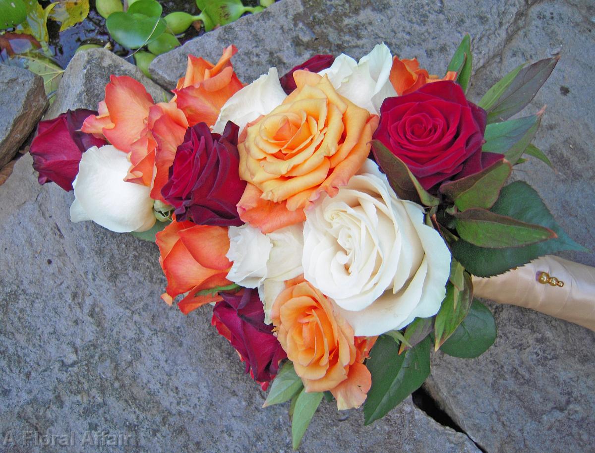BB0295-Orange, Red, and Ivory Rose Arm Bouquet