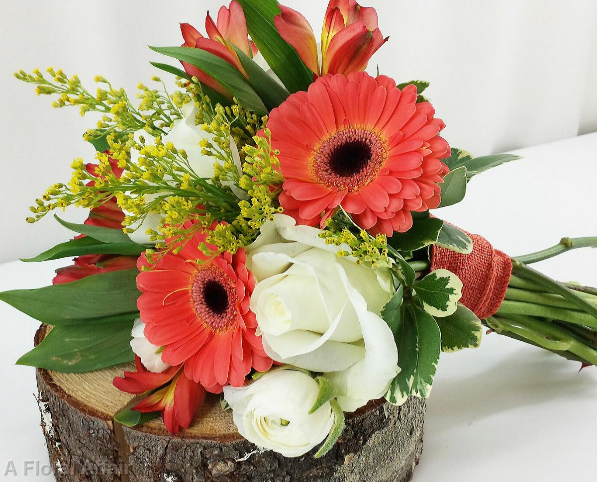 BB0927-Coral, Yellow, and White Loose Boho Garden Bouquet