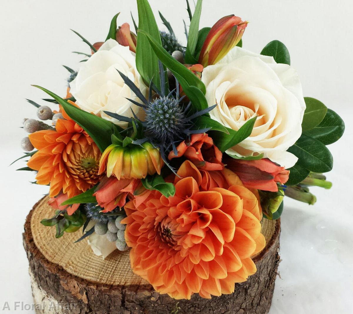 BB0990-Orange Dahlia and Ivory Rose Bouquet