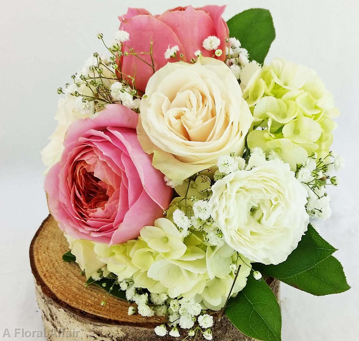 BB1191-Romantic Antike Garden Rose, White Ranunculas and Hydrangea Bridesmaids Bouquet