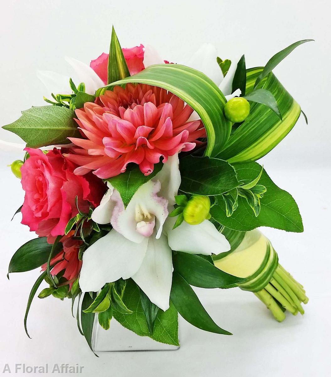 BB1224-Tropical Guava and Coral Bridesmaids Boquet with Aspidistra Leaf Wrap