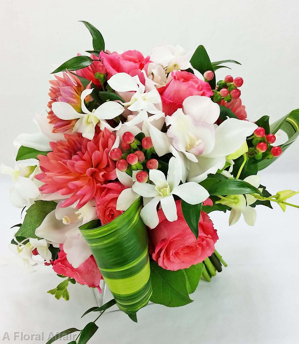 BB1225-Tropical Guava and White Orchid Brides Bouquet