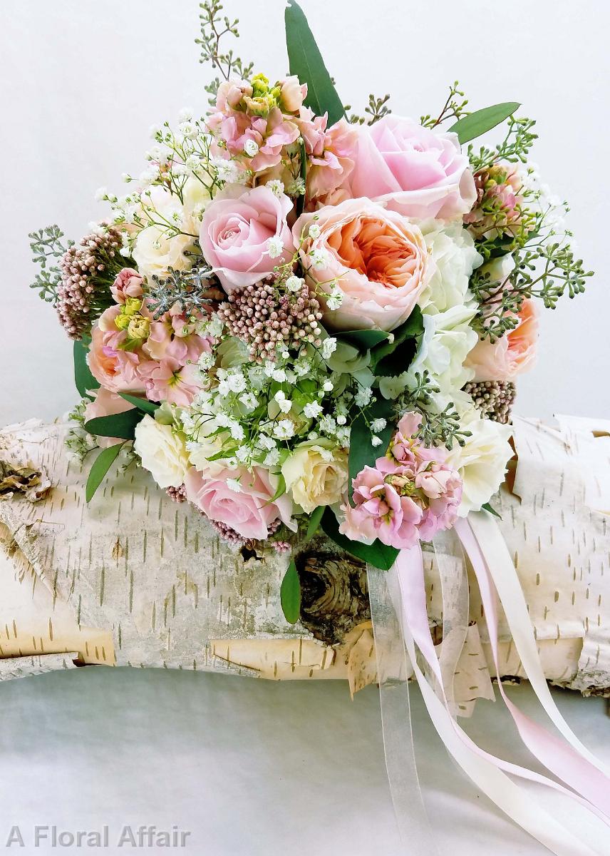 BB1290-Juliette Garden Rose Peachy Pink Brides Bouquet with Streamers