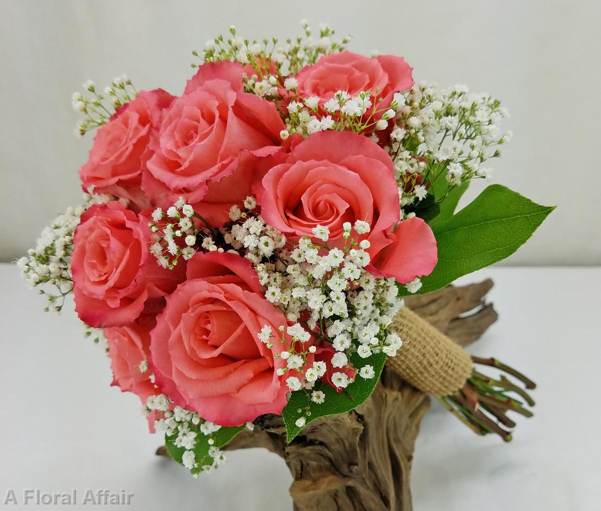 BB1316-Bridesmaids Coral Rose and Baby's Breath Bouquet