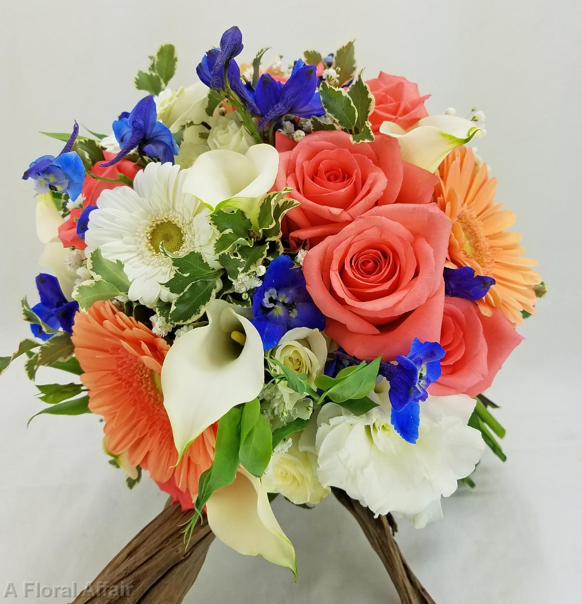 BB1320-Classic Coral, Blue and White Brides Bouquet