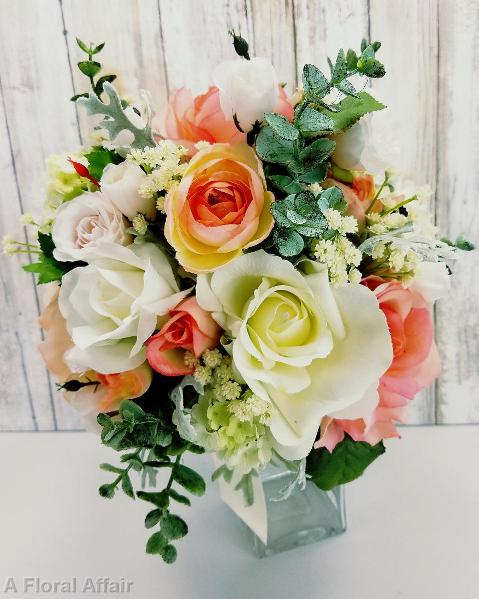 BB1334-Artifical Coral, Peach and White Wedding Bouquet