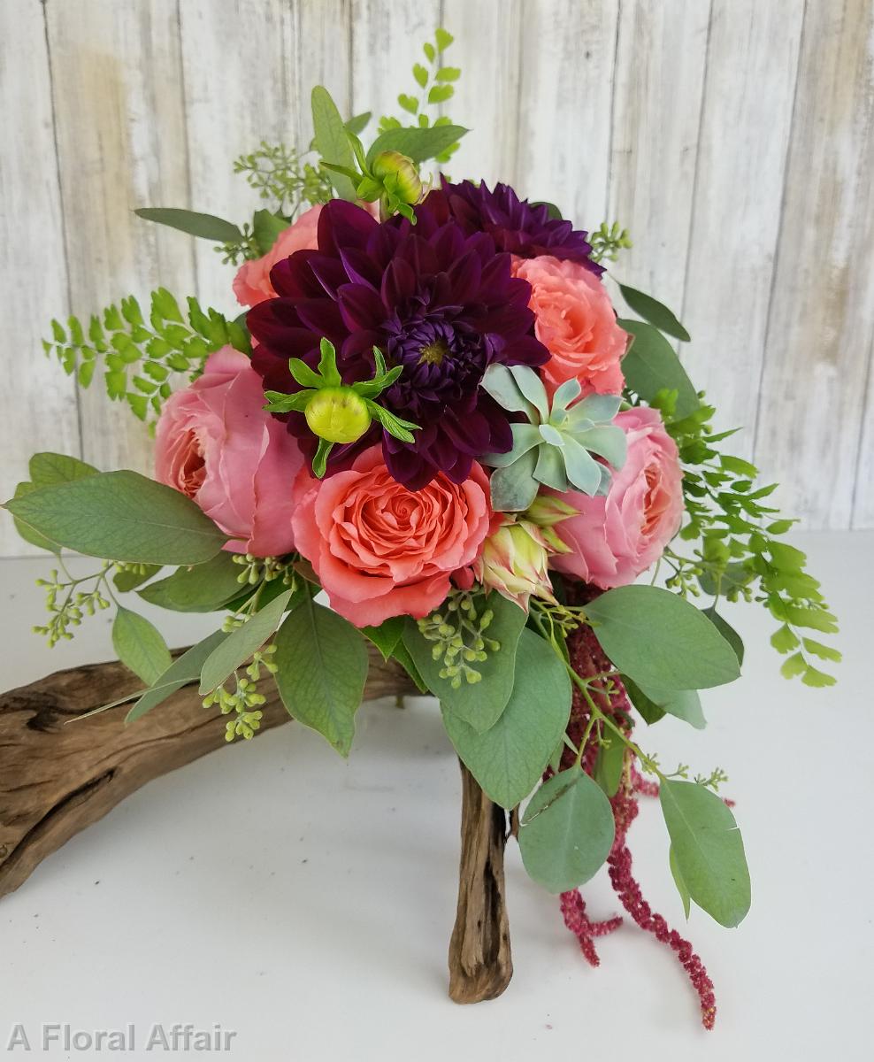 BB1389-Succulant and Coral Garden Rose Bridesmaids Bouquet