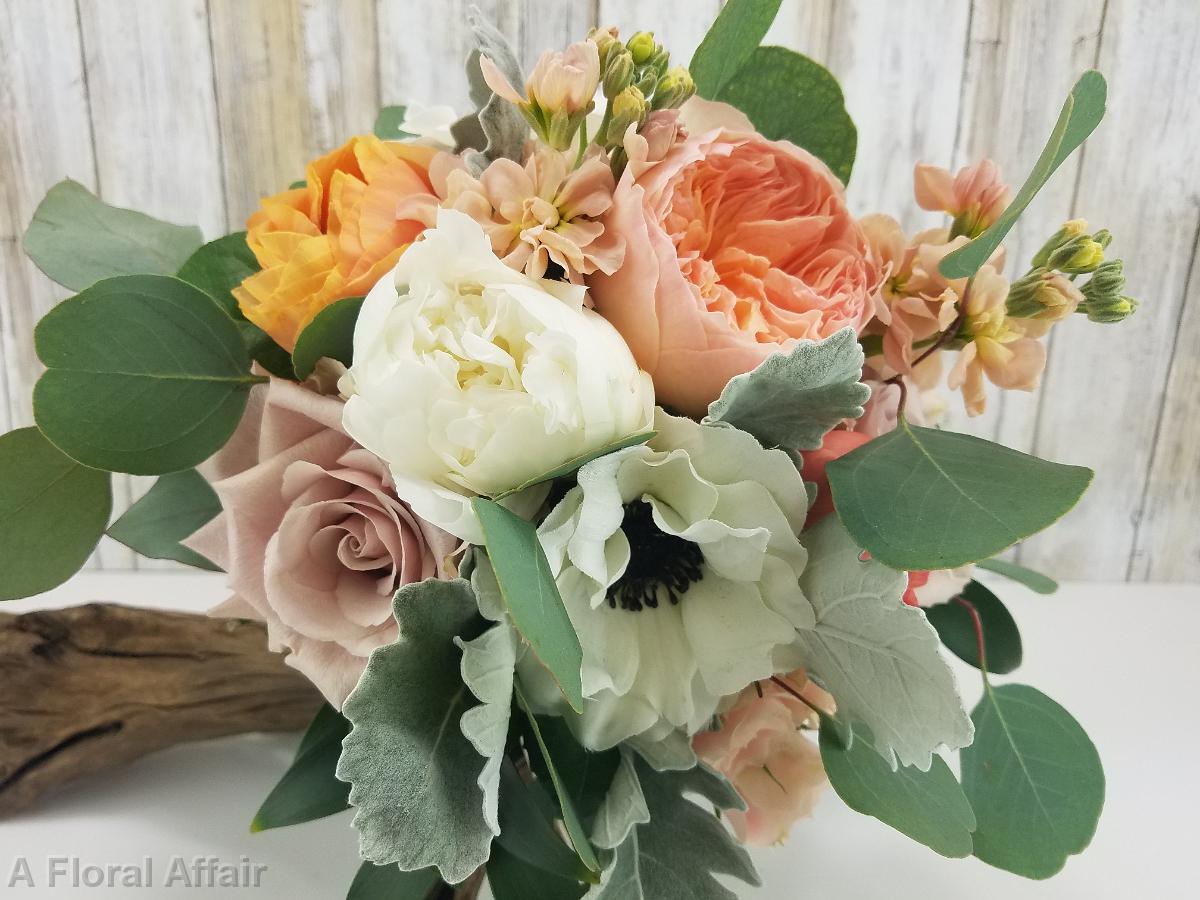 BB1405-Light Coral Garden Rose, White and Green Bridesmaids Bouquet