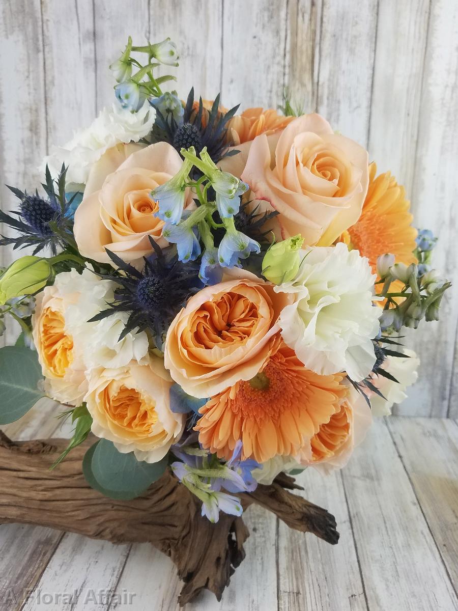 BB1466-Apricot and Light Blue Brides Bouquet