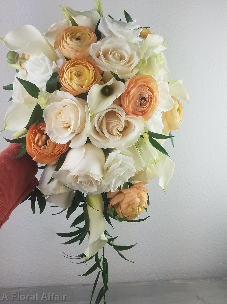 BB1518-Peach Ranunculas, Vendella Rose, White Mini Calla and Lisianthus Brides Bouquet-1