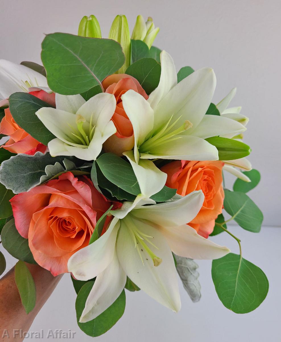 BB1552-White Lily and Coral Rose Brides Bouquet