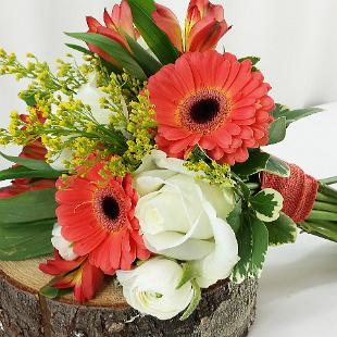 BB0927-Coral, Yellow, and White Loose Boho Garden Bouquet