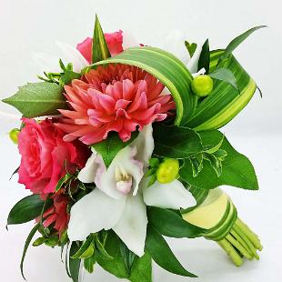 BB1224-Tropical Guava and Coral Bridesmaids Boquet with Aspidistra Leaf Wrap