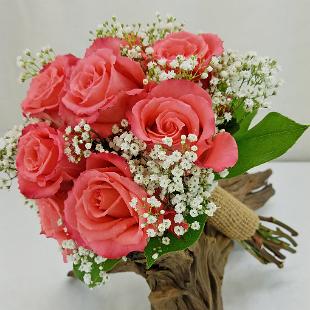 BB1316-Bridesmaids Coral Rose and Baby's Breath Bouquet