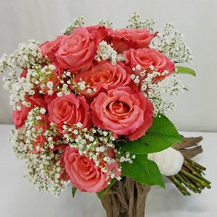 BB1317-Coral Duet Rose and Babys Breath Brides Bouquet