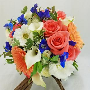 BB1320-Classic Coral, Blue and White Brides Bouquet