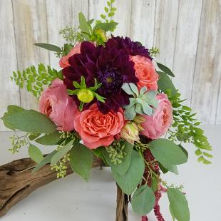 BB1389-Succulant and Coral Garden Rose Bridesmaids Bouquet