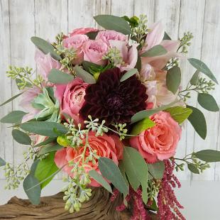 BB1390-Coral and Sangria Casual Brides Bouquet