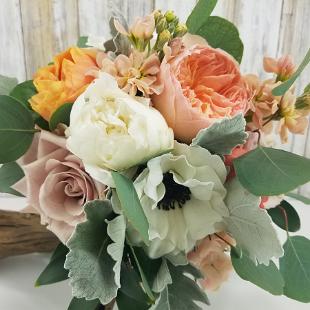 BB1405-Light Coral Garden Rose, White and Green Bridesmaids Bouquet