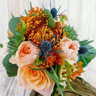 BB1424-Pin Cushion Protea and Garden Rose Bouquet